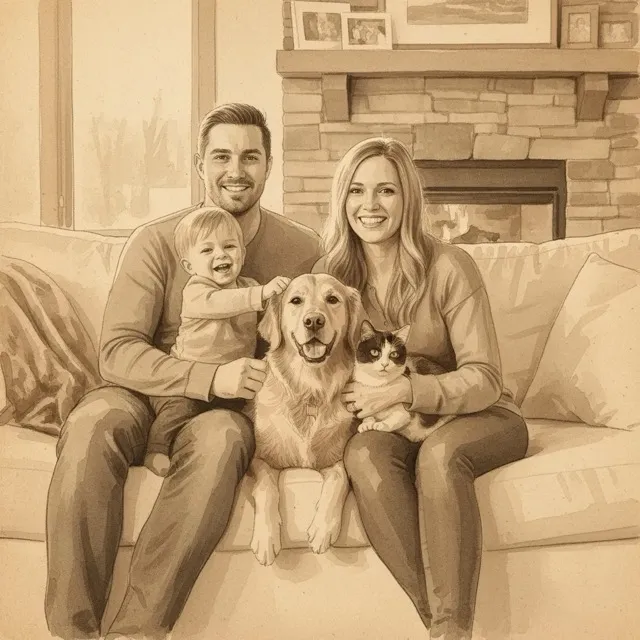 Family portrait in ink and wash style