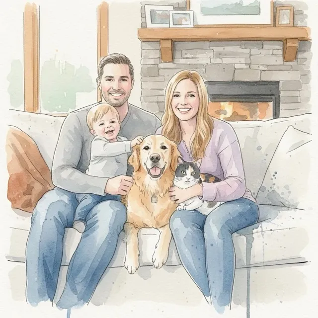 Family portrait in watercolor ink style