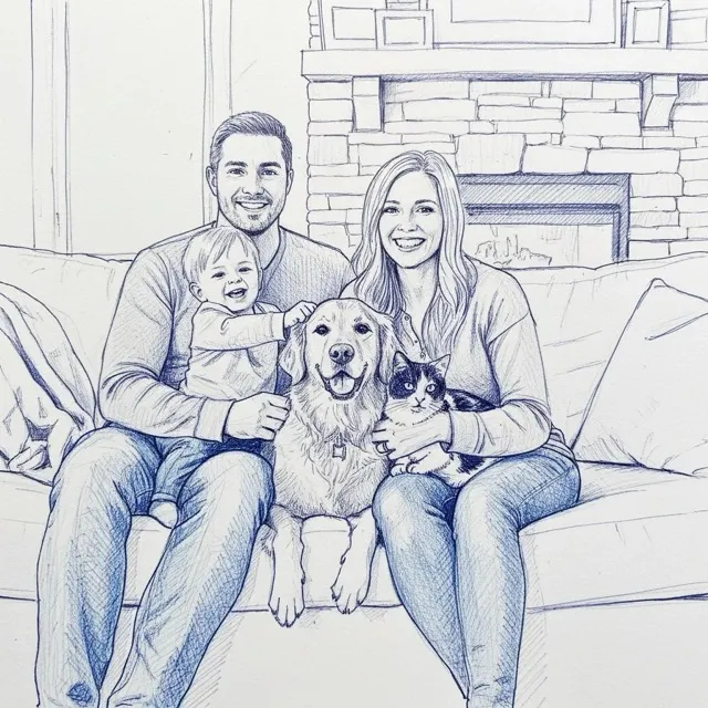 Family portrait in ballpoint style